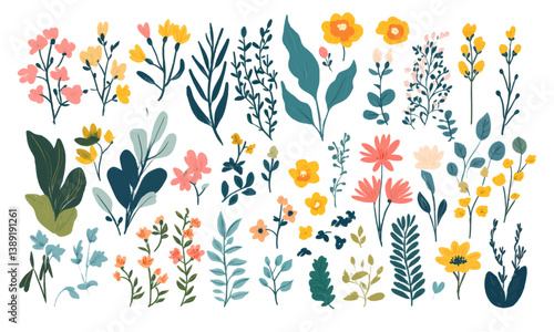 Set of spring and summer hand drawn flowers. Floral elements, wildflower, leaves and herb, plants, foliage on white background. Collection spring blossom icons. Vector flat illustration 