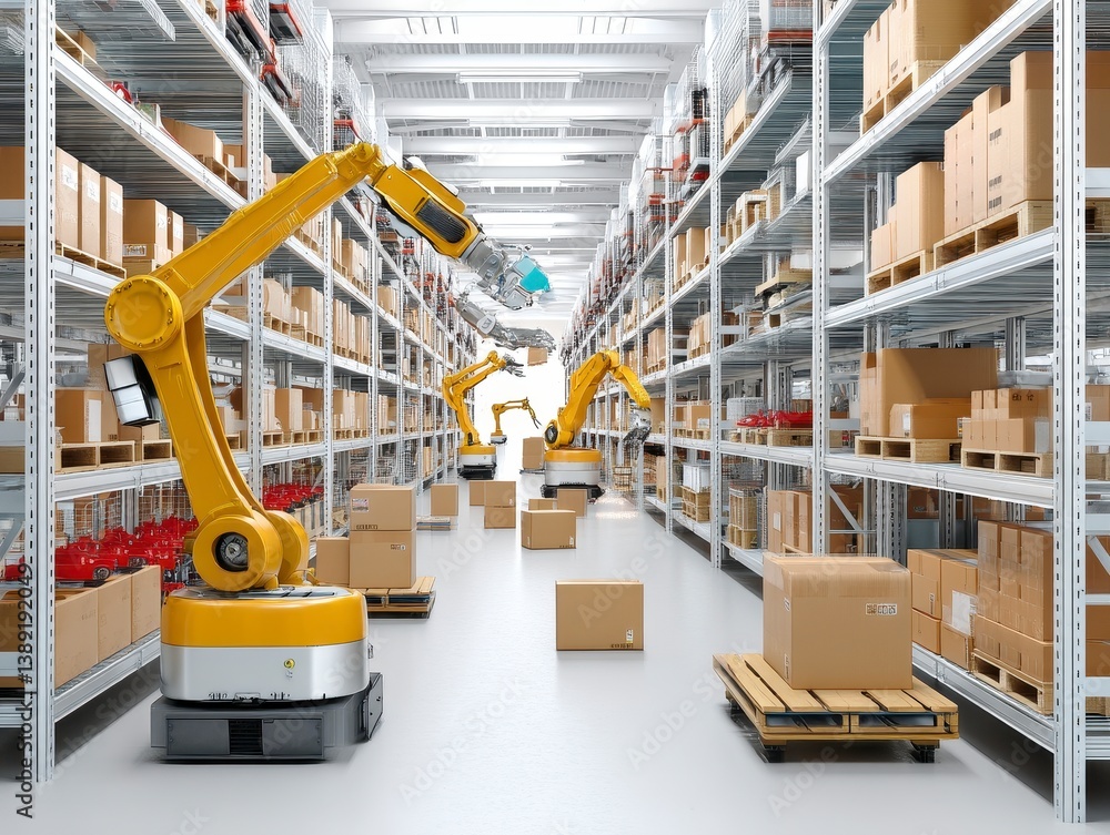 Fototapeta premium Modern Warehouse with Robotic Arms for Automated Logistics Solutions