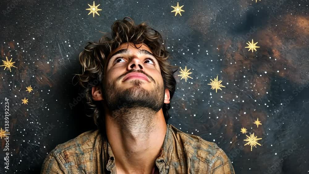 Young man looking up at a night sky filled with shining stars, creating a dreamy and inspirational atmosphere of hope and wonder Young man looking up at a night sky filled with shining stars, creating a dreamy and inspirational atmosphere of hope and wonder