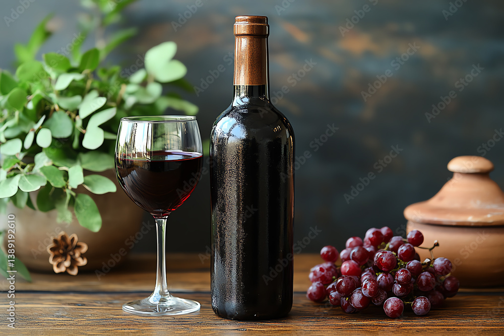 Fototapeta premium A rich and vibrant image of a bottle of red wine, glass of wine, grapes, and greenery on a wooden table.