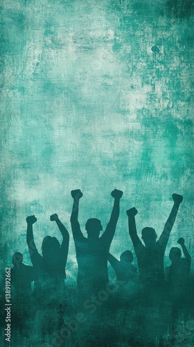 Silhouetted crowd rejoicing, arms raised against an abstract teal textured background