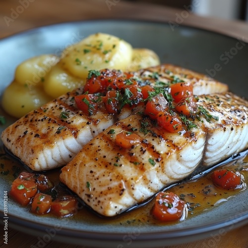 Grilled fish with potatoes and tomato salsa