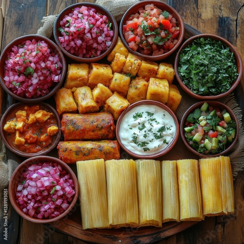 Colorful mezze platter with sauces and dips