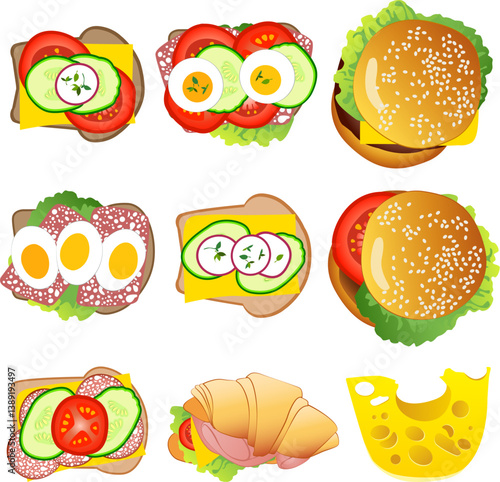 Set of simple vector isolated objects on a white background: sandwiches, burgers, croissant, cheese.