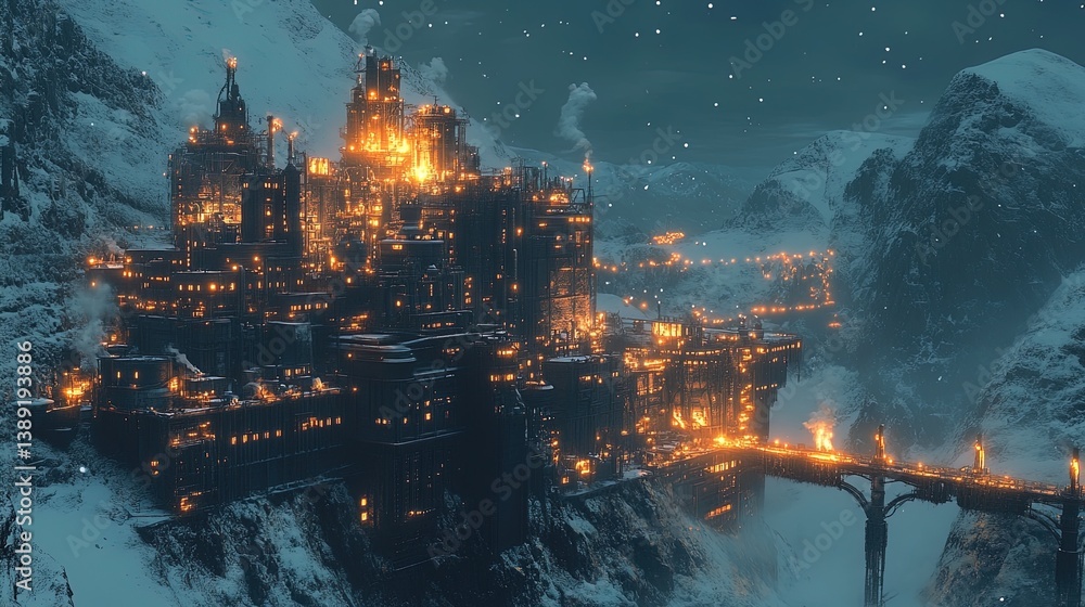 Fototapeta premium A massive enchanted industrial plant built into the side of a glowing mountain
