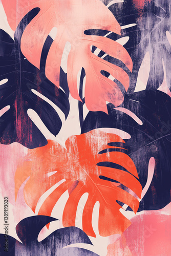 Bold Tropical Monstera Leaf Abstract in Coral and Navy