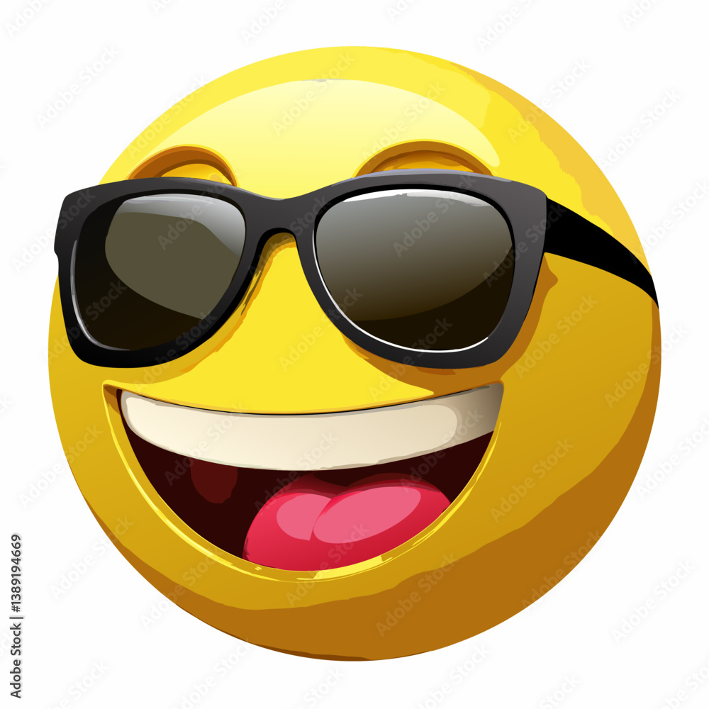 Cool 3D Yellow Emoji Face with Sunglasses and Big Smile – High Detail Glossy Render on White Background. Cool 3D Yellow Emoji Face with Sunglasses and Big Smile – High Detail Glossy Render on White Background.