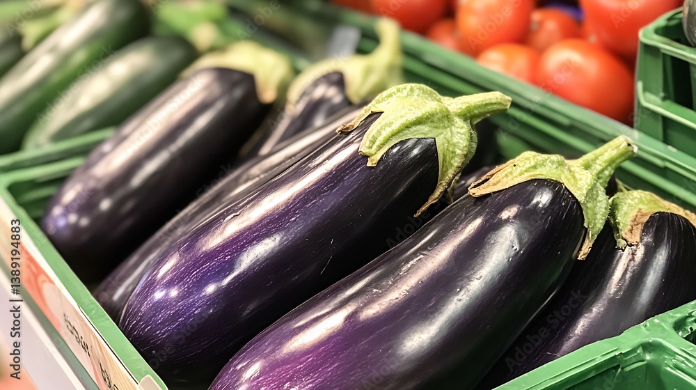 Fresh and vibrant purple eggplants displayed in a grocery store showcasing organic produce : Generative AI