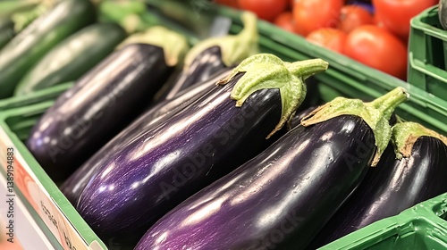 Obraz na płótnie Fresh and vibrant purple eggplants displayed in a grocery store showcasing organic produce : Generative AI w salonie