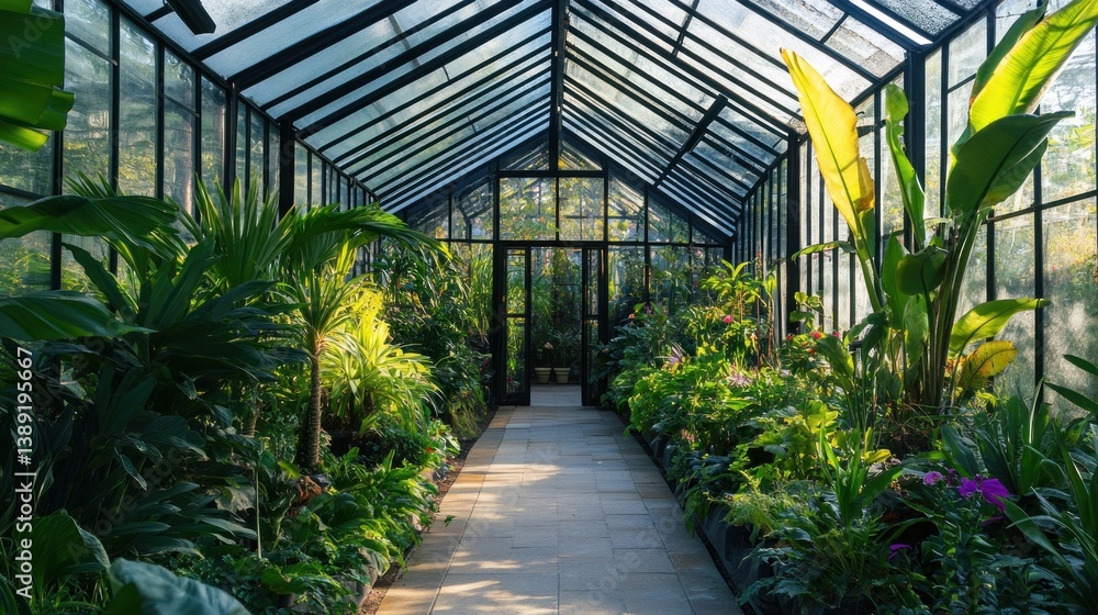 Fototapeta premium Greenhouse filled with lush tropical plants