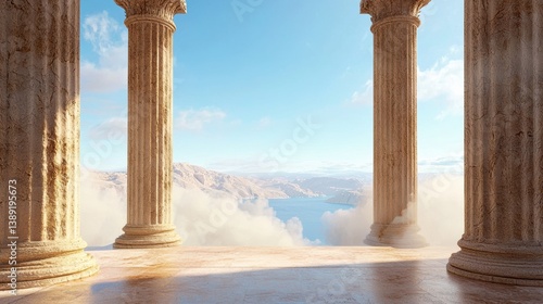 A serene landscape featuring ancient pillars against a bright sky, symbolizing timeless beauty and grandeur.