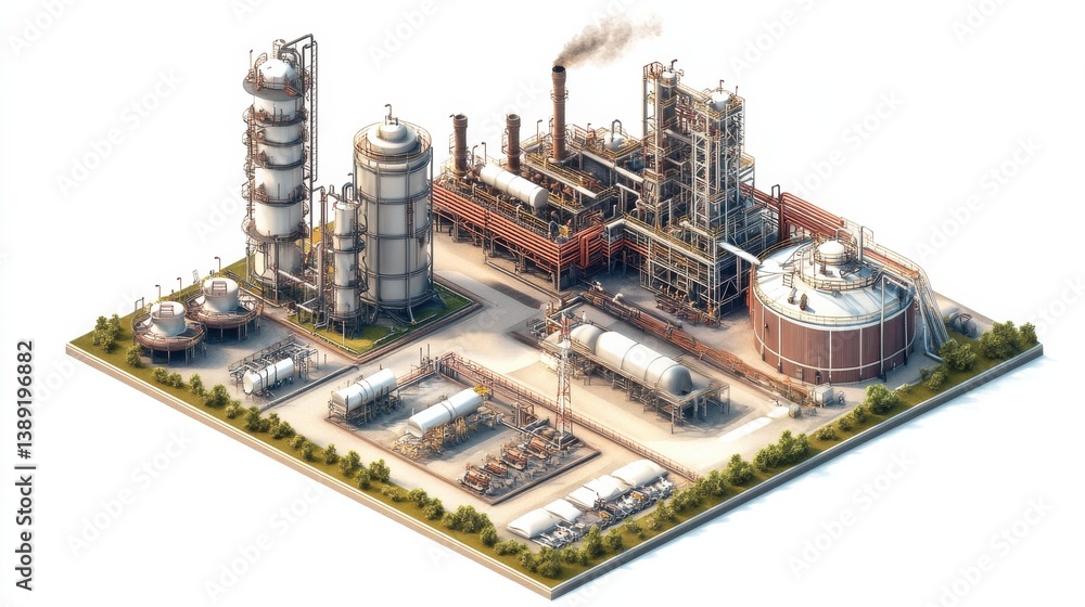 Obraz premium Industrial Complex with Smokestacks, Tanks and Pipelines Overview