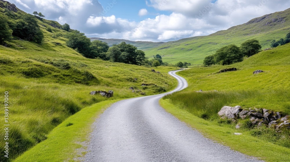 Naklejka premium A winding country road stretches through a verdant valley. Lush green hills and a bright sky form the backdrop. The image is high-resolution, showcasing vibrant colors and a peaceful mood under natur