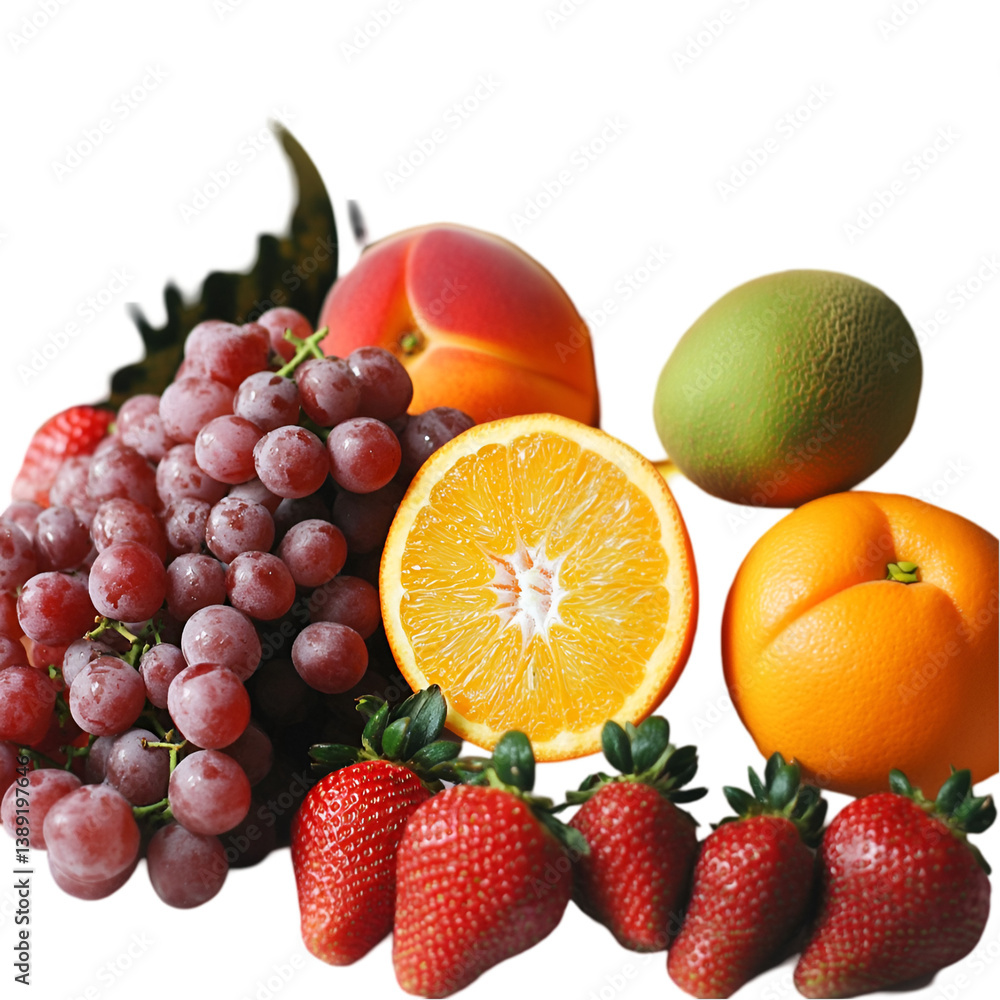 Fresh Fruit Mix on White Background with Grapes and Berries. Fruit mix on a white and transparent background, with grapes and blueberries, lemon, strawberry, orange, apple, and banana, PNG cutout. Fresh Fruit Mix on White Background with Grapes and Berries. Fruit mix on a white and transparent background, with grapes and blueberries, lemon, strawberry, orange, apple, and banana, PNG cutout.