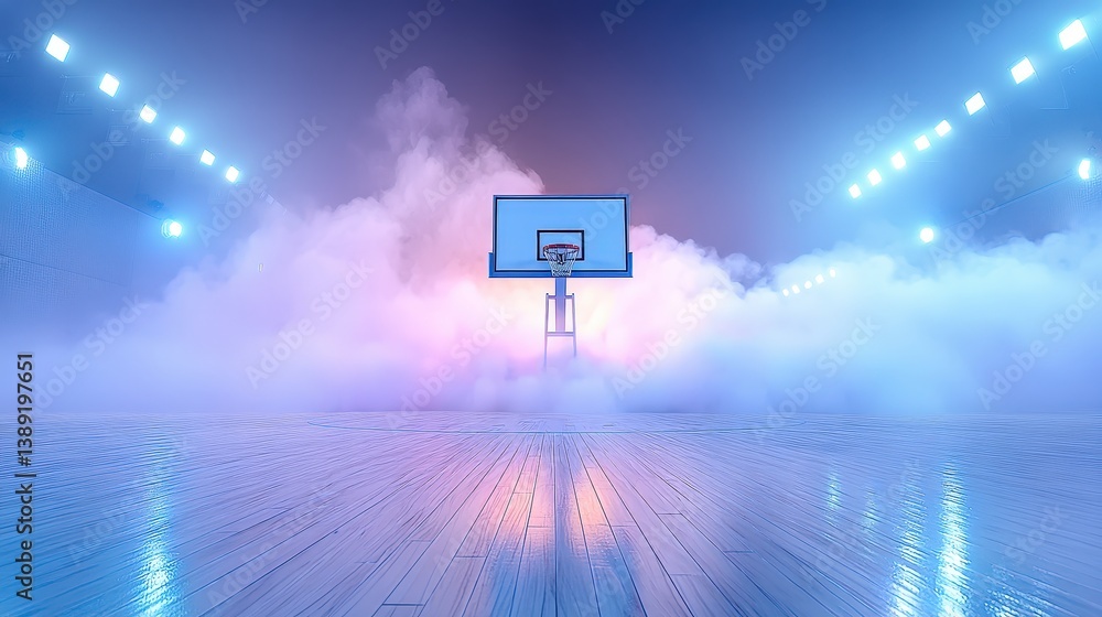 Obraz premium A vibrant basketball court surrounded by fog and illuminated by blue lights, creating a dramatic and energetic atmosphere.