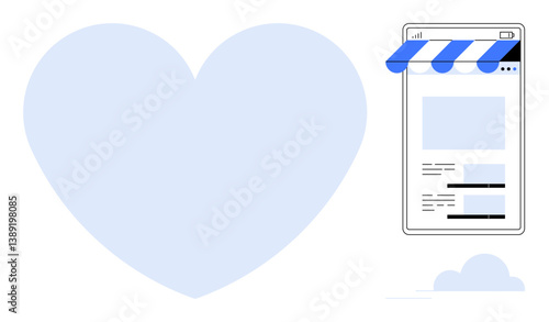 Digital storefront on a device with a blue striped awning next to a large heart shape. Ideal for e-commerce, loyalty, branding, small businesses, online stores, marketing, and customer relationships