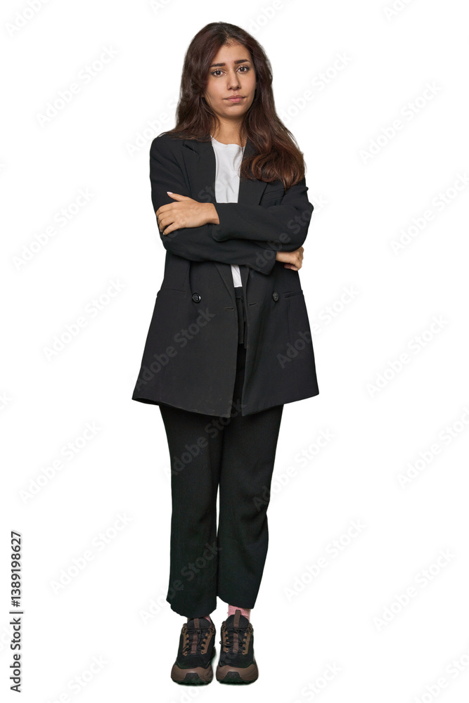 Middle Eastern in business attire suspicious, uncertain, examining you. Middle Eastern in business attire suspicious, uncertain, examining you.