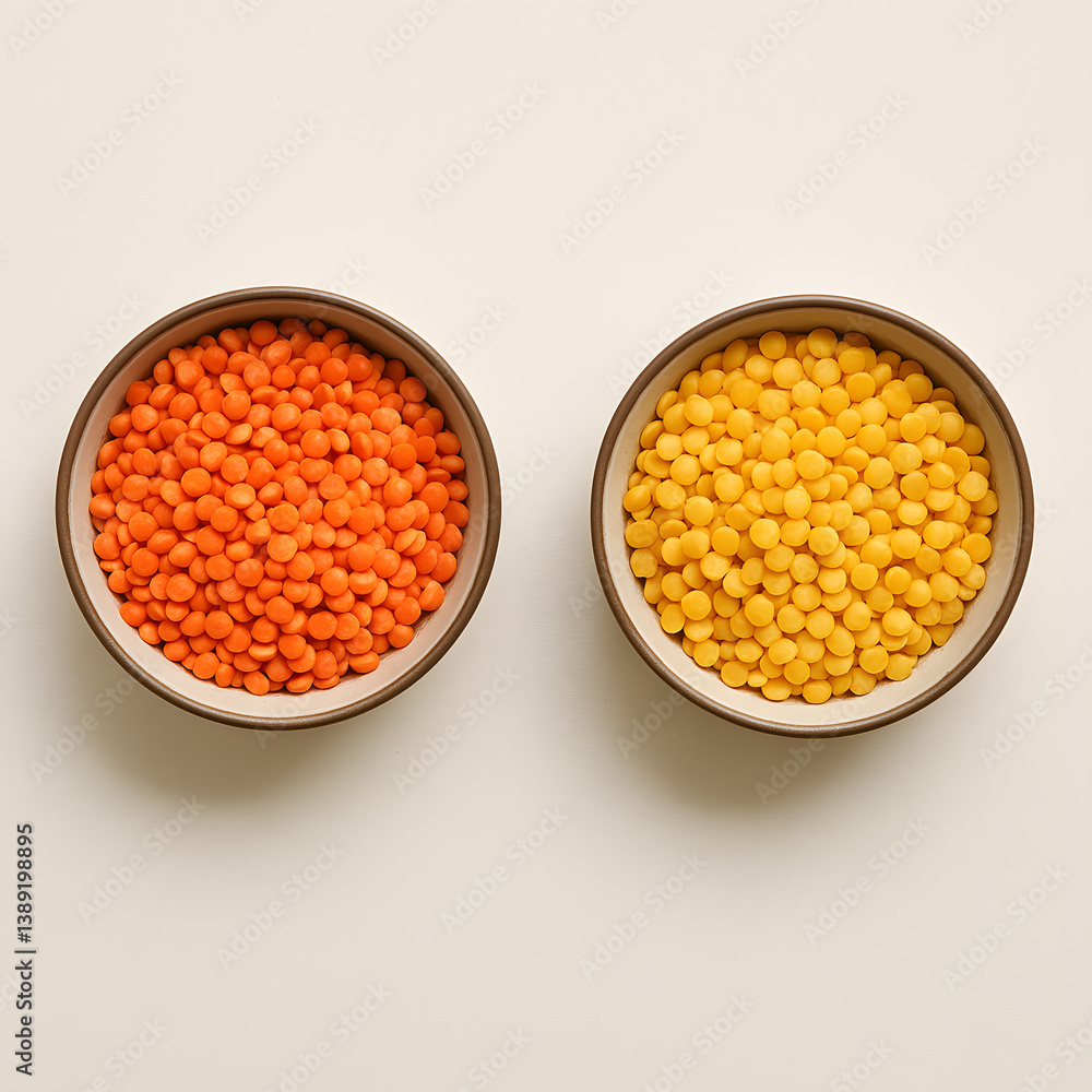 Bowls of red and yellow lentils, White Background Bowls of red and yellow lentils, White Background