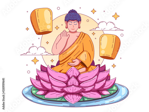 illustration of a Buddha figure seated gracefully on a lotus flower, surround by floating lanterns.
The Buddha is adorned in a traditional orange robe, radiating peace and spirituality. 