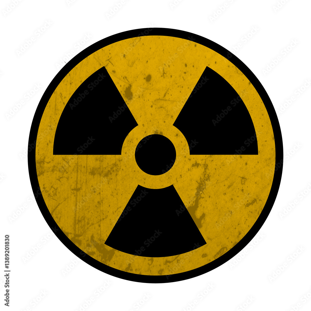 Radiation symbol, dirty, damaged sign on a transparent background