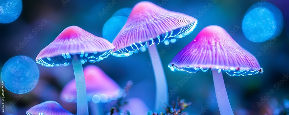 Glowing mushrooms in a fantastical forest background. Use for fantasy, magic, or nature themes Glowing mushrooms in a fantastical forest background. Use for fantasy, magic, or nature themes