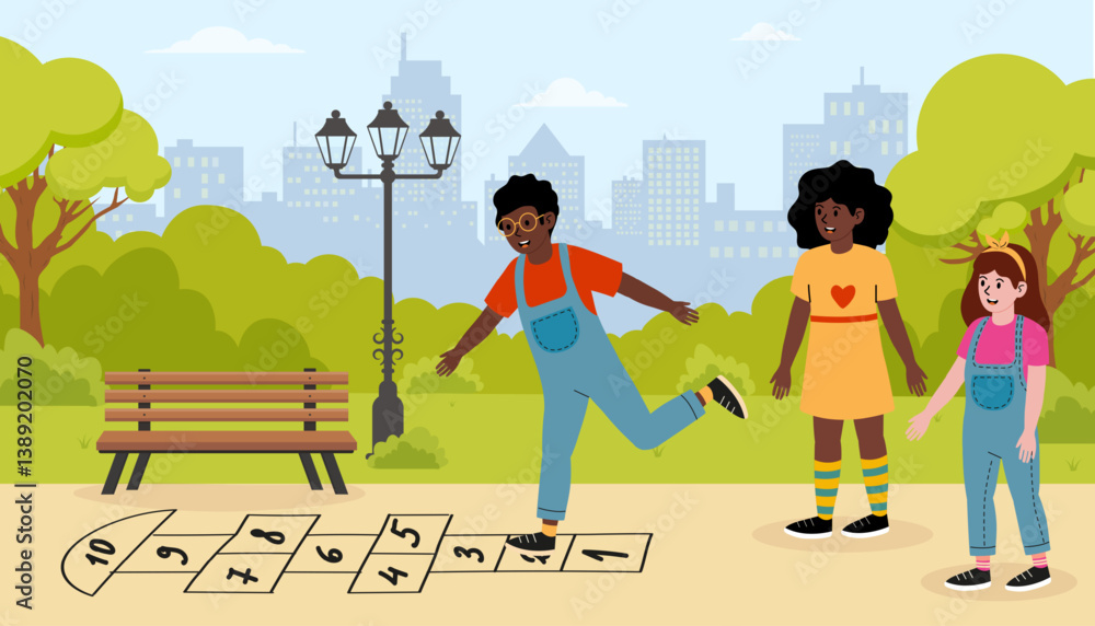 Φωτογραφία Children enjoying hopscotch in a sunny park with city skyline in the background