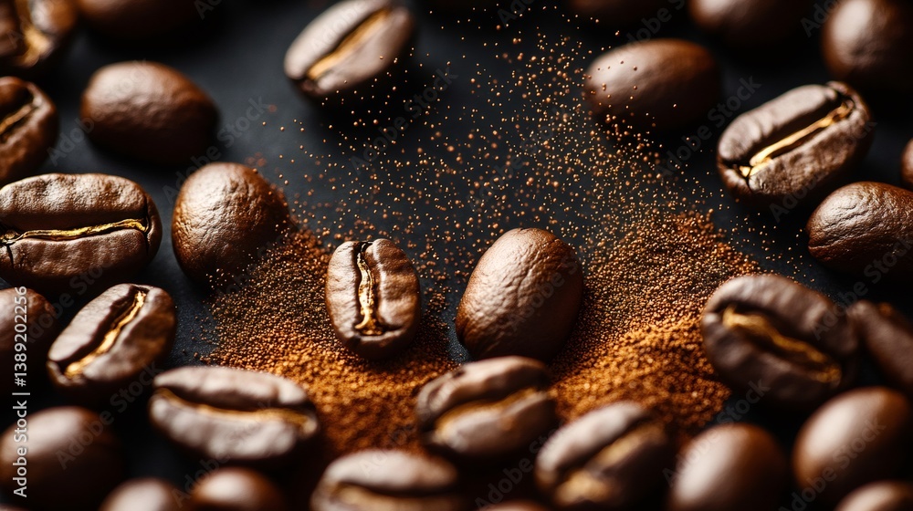 Roasted coffee beans and ground coffee falling on black background Roasted coffee beans and ground coffee falling on black background