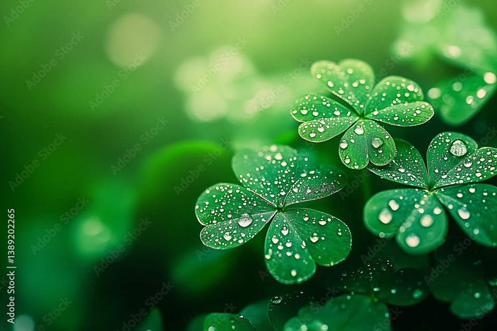 Fresh Green Clover Leaves Covered in Water Droplets with Soft Focus Background in Nature : Generative AI