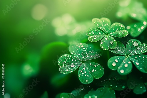 Obraz na płótnie Fresh Green Clover Leaves Covered in Water Droplets with Soft Focus Background in Nature : Generative AI w salonie