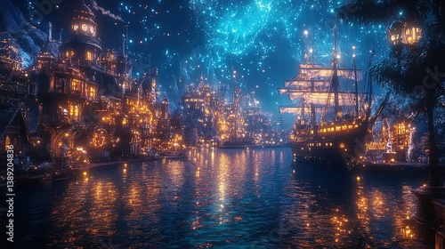 Wallpaper Mural A glowing steampunk shipyard in a fantasy harbor surrounded by shimmering waves Torontodigital.ca