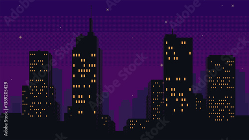 Pixel art game background with night city. Retro video game style illustration of cityscape with high buildings silhouettes with illuminated windows and stars.
