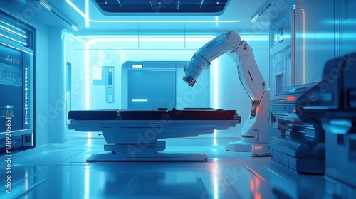 Futuristic robotic surgical room with advanced technology and blue lighting