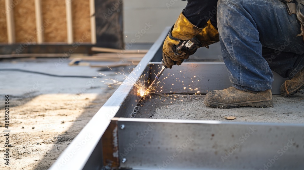 A Hispanic construction worker welding a metal frame. Featuring expertise and focus A Hispanic construction worker welding a metal frame. Featuring expertise and focus