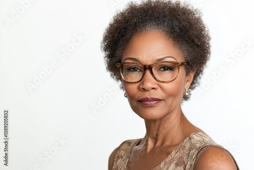 Confident mature african female with glasses and short curly hair against white background