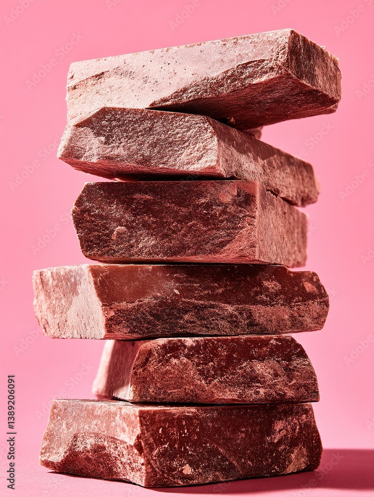 A stack of cacao milk chocolate squares neatly arranged, highlighting the uniform size and shape - milk rectangular pattern perfect A stack of cacao milk chocolate squares neatly arranged, highlighting the uniform size and shape - milk rectangular pattern perfect