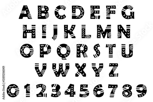 African, Aztec or Maya tribal font in Black color. Decorative alphabet with exotic ethnic pattern. Folk lettering design and set of numbers 0-9 for textiles and posters, brochure banners