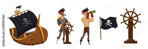 Pirates elements set for kids party. Pirate ship with black skull flag, two pirates in hats and coats, one steering the wooden wheel and another using telescope. Cartoon vector illustrations.