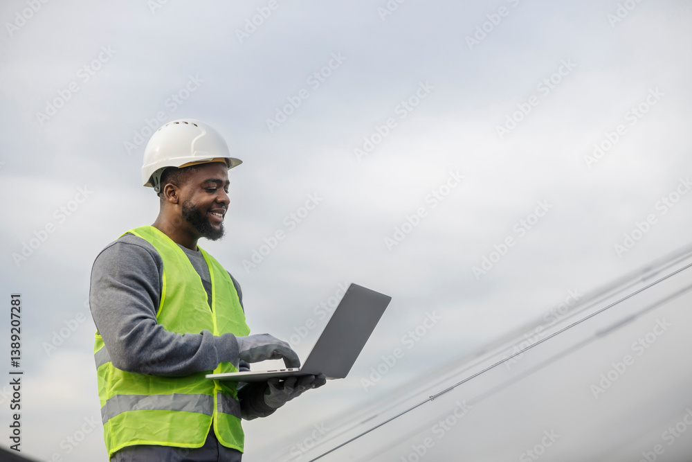 Side view of happy diverse blue collar worker typing on laptop near solar panels at solar farm. Side view of happy diverse blue collar worker typing on laptop near solar panels at solar farm.