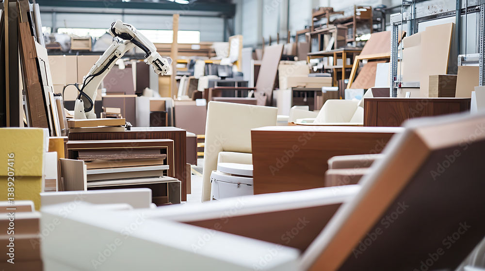 A robotic arm assembling customized furniture pieces, in an automated furniture factory with modular design systems, Interior design style A robotic arm assembling customized furniture pieces, in an automated furniture factory with modular design systems, Interior design style