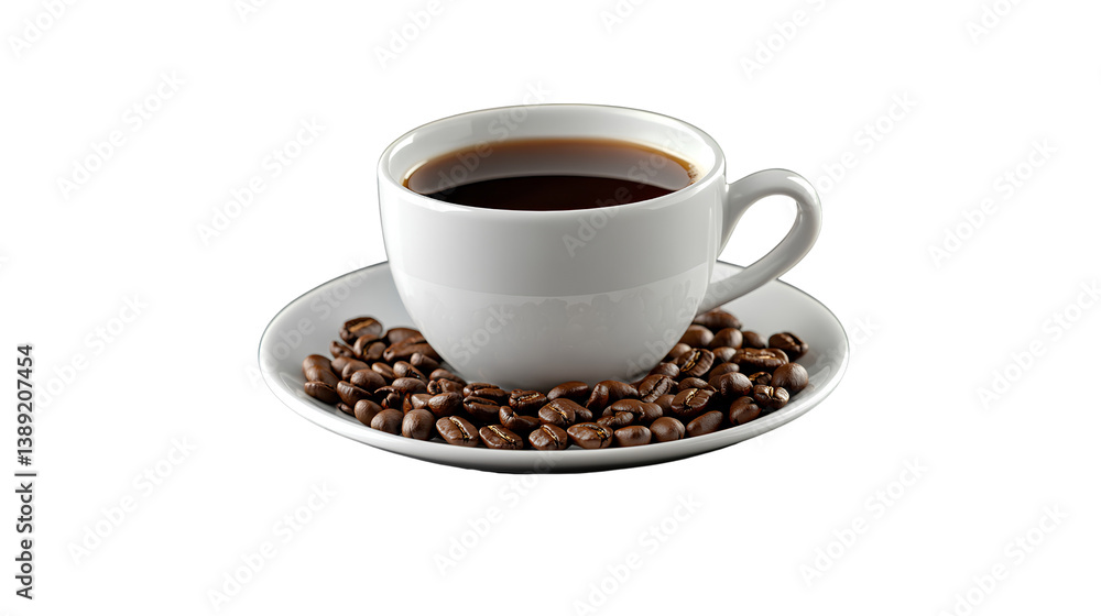 Cup of coffee with saucer and beans isolated on transparent background Cup of coffee with saucer and beans isolated on transparent background