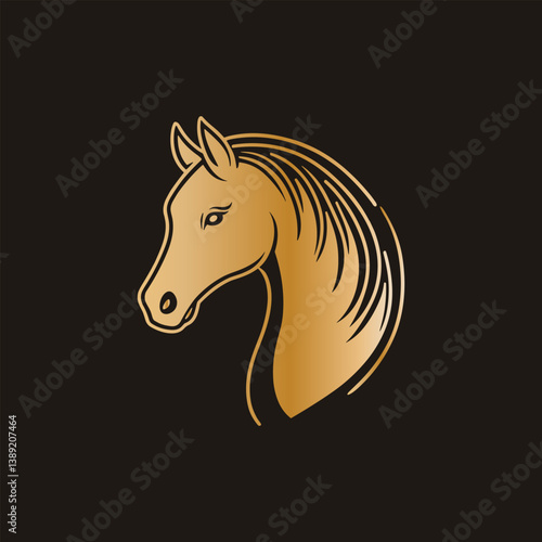 Golden Horse Head Vector Illustration on Black Background. Elegant vector illustration of a golden horse head profile against a dark background, featuring intricate line work and a graceful mane