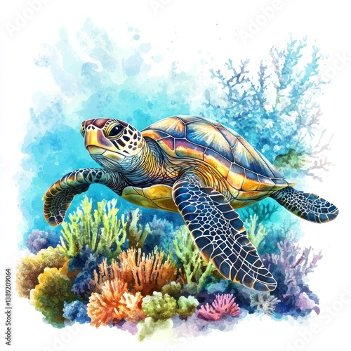 A watercolor painting depicts a sea turtle underwater near coral