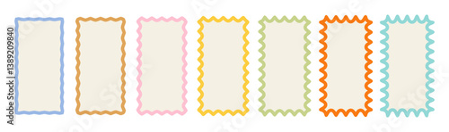 Wavy frame border set. Retro scallop shape line picture frames. Vector cartoon wave rectangles. Kid graphic wiggly backgrounds. Fun colorful vertical groovy 60s squiggly zigzag text frame collection