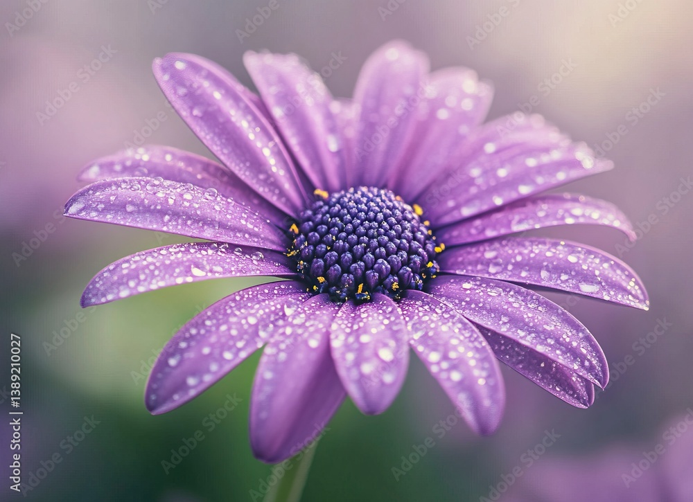 Macro shot of purple daisy flower with water drops, abstract background, detailed photography, stock photo style, soft blurred background, pastel colors and professional color grading. Macro shot of purple daisy flower with water drops, abstract background, detailed photography, stock photo style, soft blurred background, pastel colors and professional color grading.