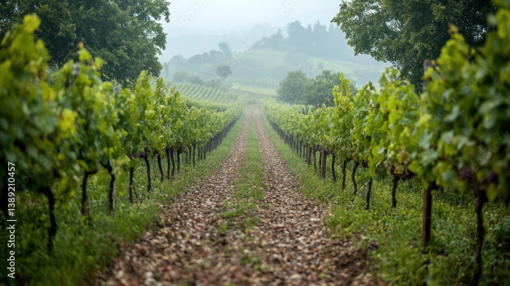 Fototapeta premium Vineyard path in morning mist