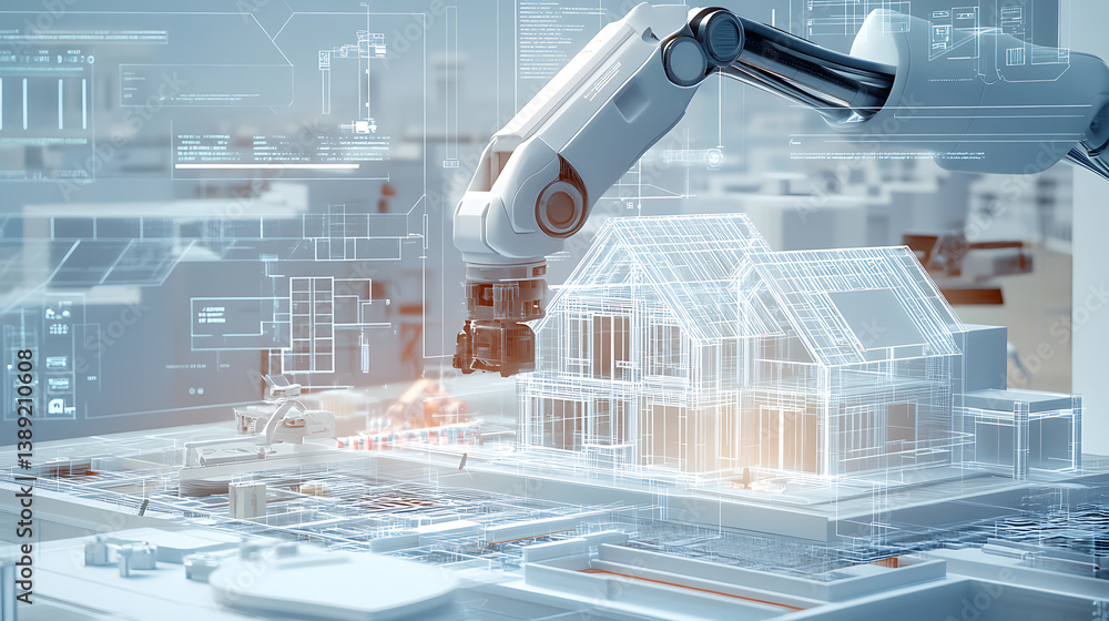 A robotic arm assembling modular 3D printed homes in a futuristic urban construction site, with digital blueprints and project planning data visible in the background, Urban innovation style