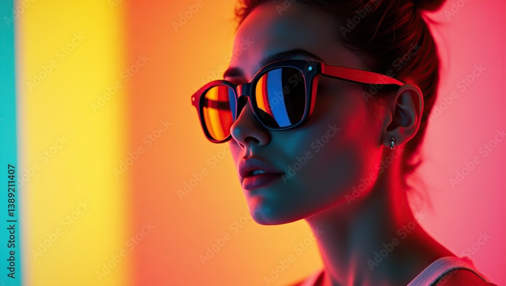A model in chic sunglasses shines in a colorful portrait, with bold, vibrant lighting accentuating the look. A model in chic sunglasses shines in a colorful portrait, with bold, vibrant lighting accentuating the look.