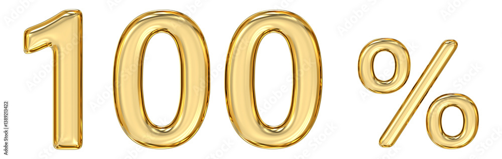Golden 100% Percentage, radiant, golden numeral 100% symbol, representing the ultimate achievement and perfection, 3d rendering