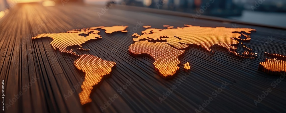 Naklejka premium Cargo ship in global shipping and transportation logistic concept. Illuminated world map design on a wooden surface at sunset.