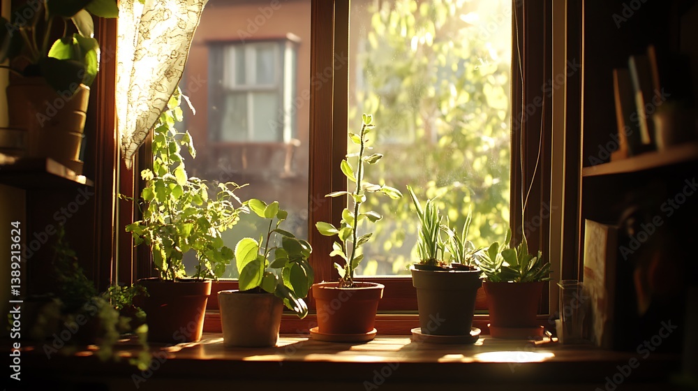 Potted plants sit on a window sill bathed in warm sunlight Potted plants sit on a window sill bathed in warm sunlight